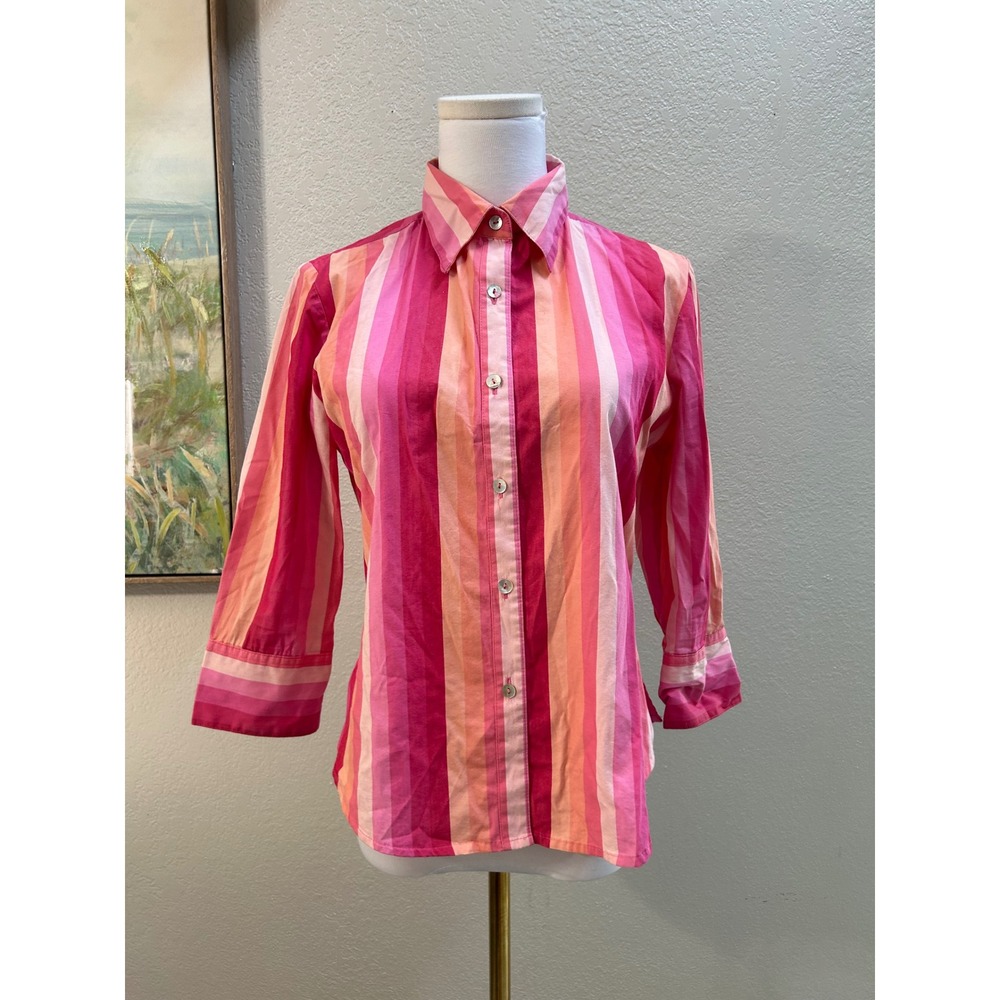 Bill Blass Jeanswear Pink Orange Striped Button Down Shirt Petite PS 3/4 Sleeve